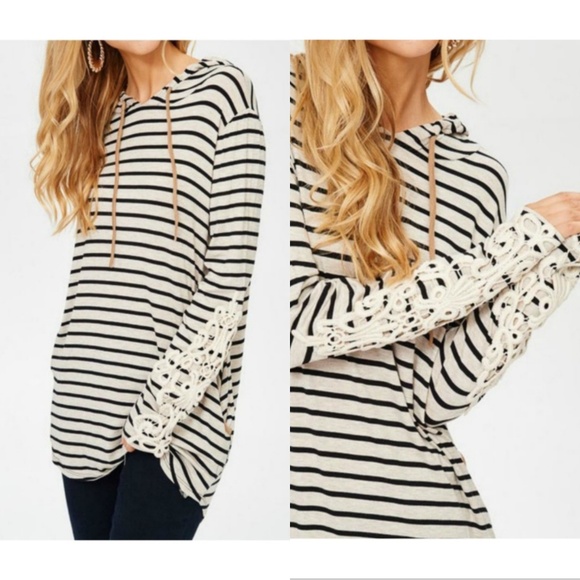 Lovely J Tops - Lovely J | Striped Hoodie Lace Arms